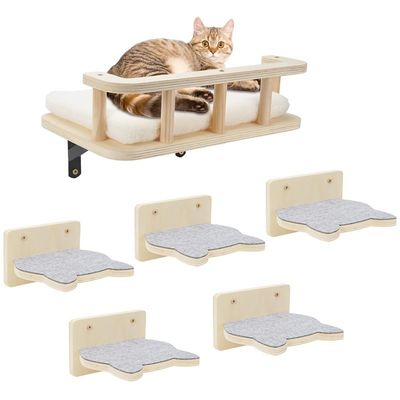 Wooden Cat Hammock with 5 Steps Perches for Wall Cat Wall Furniture Printing burned