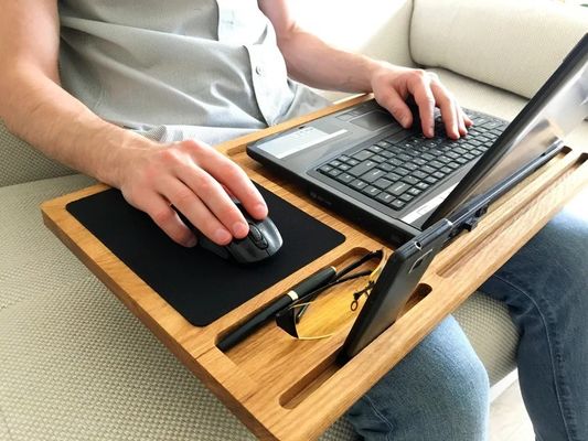 Portable Wooden Computer Tray Non-folding Oak Stand with Mouse Pad and Workstation