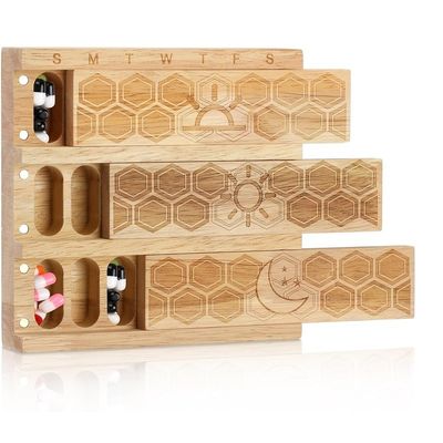 Compact Wood Weekly Pill Organizer Holder Daily Dispenser Pill Sorter Pill Containers