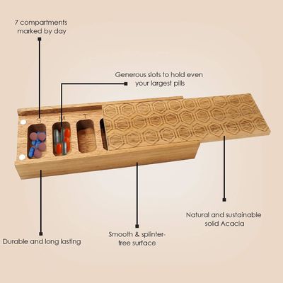 Acacia Wood 7 Day Weekly Pill Box Pill Organizer for Vitamins Daily Supplements Pill Container