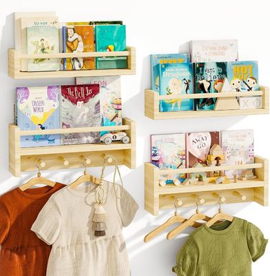 Wooden Hooks Bookshelf Natural Wood Wall Mounted Shelves for Nursery Decor Storage