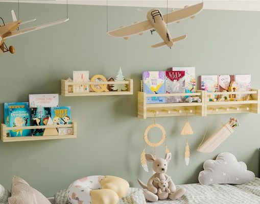 Wooden Hooks Bookshelf Natural Wood Wall Mounted Shelves for Nursery Decor Storage