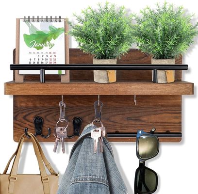 Walls Wooden Keychain Storage Shelf with 4 Double Hooks Rustic Farmhouse Entryway Decor