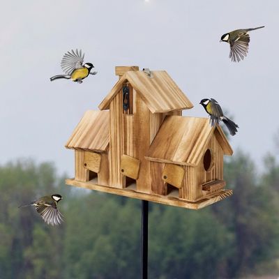 Wooden Outdoor 3 Hole Bird House Handmade from TIMBER for Garden Habitat