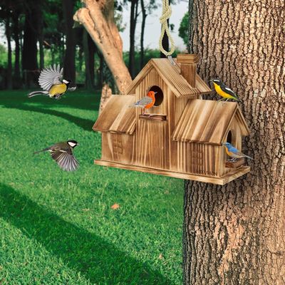 Wooden Outdoor 3 Hole Bird House Handmade from TIMBER for Garden Habitat