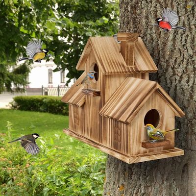 Wooden Outdoor 3 Hole Bird House Handmade from TIMBER for Garden Habitat