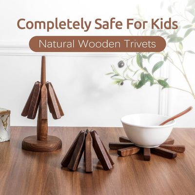 Tree Shape Trivet Set for Hot Dishes Black Walnut Coaster and Holder from Printing