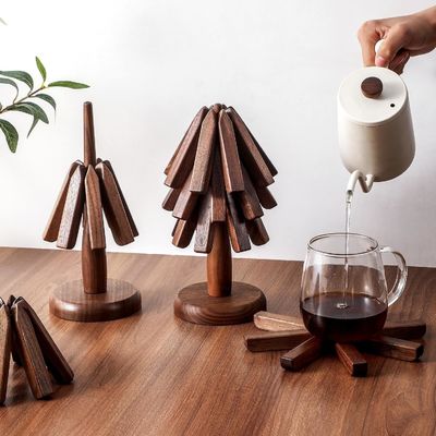 Tree Shape Trivet Set for Hot Dishes Black Walnut Coaster and Holder from Printing