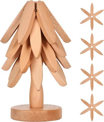 Silk-screen Printed Beech Wood Coaster and Holder for Hot Dishes Tree Shape Trivet Set