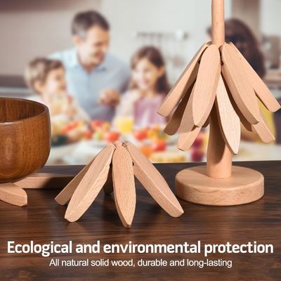 Silk-screen Printed Beech Wood Coaster and Holder for Hot Dishes Tree Shape Trivet Set