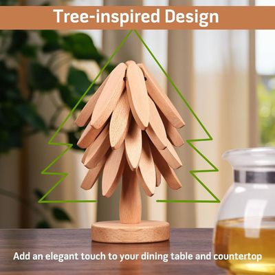 Silk-screen Printed Beech Wood Coaster and Holder for Hot Dishes Tree Shape Trivet Set