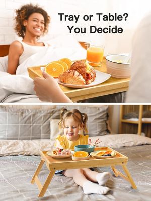 Breakfast Serving Bamboo Bed Tray Table Modern Design 16.92 x 12.6 Inch with Folding Legs