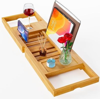Expandable Wooden Bathtub Tray Caddy with Book and Phone Holder Custom Logo Acceptable