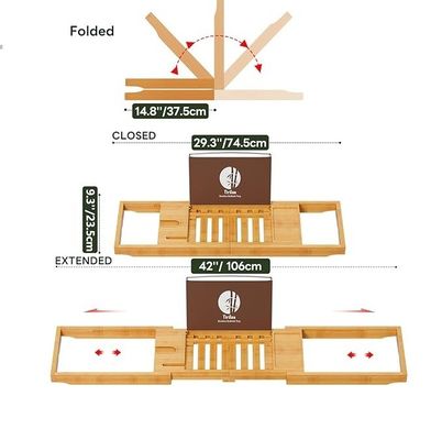 Expandable Wooden Bathtub Tray Caddy with Book and Phone Holder Custom Logo Acceptable