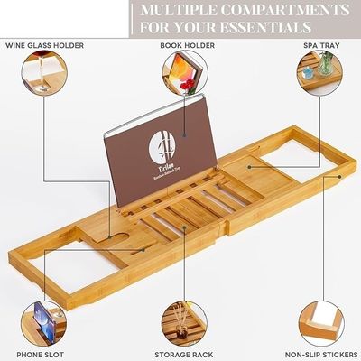 Expandable Wooden Bathtub Tray Caddy with Book and Phone Holder Custom Logo Acceptable