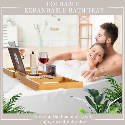Expandable Wooden Bathtub Tray Caddy with Book and Phone Holder Custom Logo Acceptable