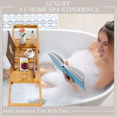 Expandable Wooden Bathtub Tray Caddy with Book and Phone Holder Custom Logo Acceptable