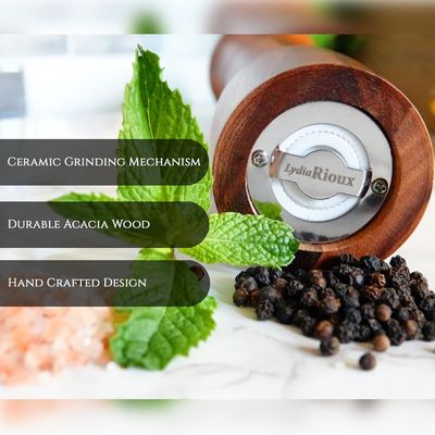 Set of 2 8&quot; Acacia Wooden Salt and Pepper Grinder Set with Adjustable Ceramic Grinding Mechanism