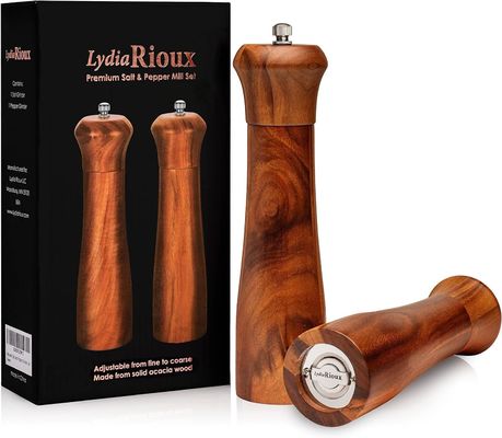 Set of 2 8&quot; Acacia Wooden Salt and Pepper Grinder Set with Adjustable Ceramic Grinding Mechanism