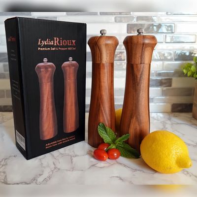 Set of 2 8&quot; Acacia Wooden Salt and Pepper Grinder Set with Adjustable Ceramic Grinding Mechanism
