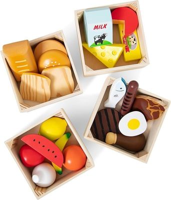Wooden Children Pretend Role-Playing Food Sets 21 Pieces and 4 Crates Pine Wood Color