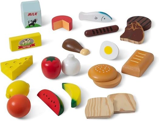 Wooden Children Pretend Role-Playing Food Sets 21 Pieces and 4 Crates Pine Wood Color
