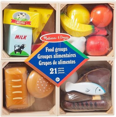 Wooden Children Pretend Role-Playing Food Sets 21 Pieces and 4 Crates Pine Wood Color
