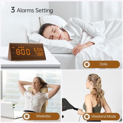 Environmental Brown 3 Alarm Settings Multifunctional Wooden Electronic Led Time Display Alarm Clock
