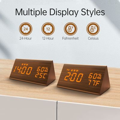 Environmental Brown 3 Alarm Settings Multifunctional Wooden Electronic Led Time Display Alarm Clock