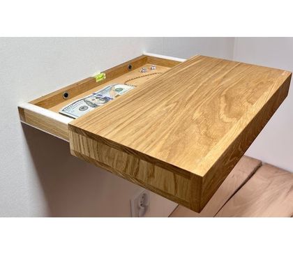 Floating Secret Compartment Shelf Description for Organizing Valuables in Rustic Oak