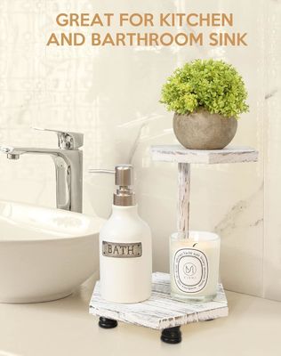 2-Tier Hexagonal Wooden Display Riser White Farmhouse Tray for Kitchen and Bathroom