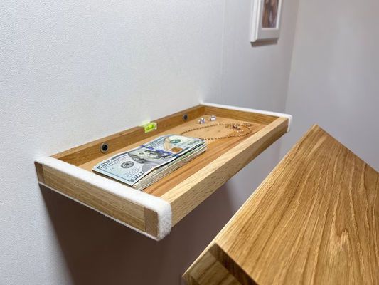 Floating Secret Compartment Shelf Description for Organizing Valuables in Rustic Oak