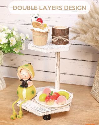 2-Tier Hexagonal Wooden Display Riser White Farmhouse Tray for Kitchen and Bathroom