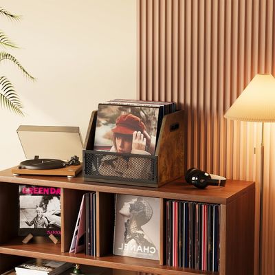 Retro Brown Vinyl Record Storage Box for Sturdy LP Record Crate and Functional Design