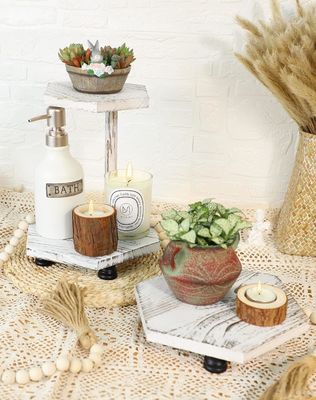 2-Tier Hexagonal Wooden Display Riser White Farmhouse Tray for Kitchen and Bathroom