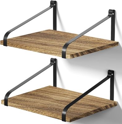 Modern Set Of 2 Carbonized Black Large Storage L16.5 X W12 Inch Rustic Wood Wall Floating Shelves