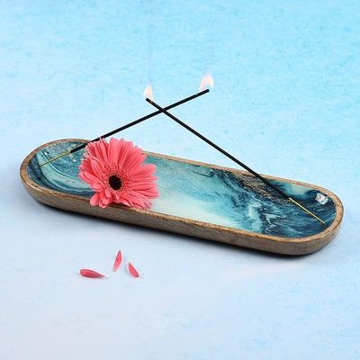 Rectangle Wooden Incense Holder for Sticks Industrial Gift Craft Blue Mango Wood