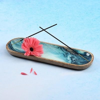 Rectangle Wooden Incense Holder for Sticks Industrial Gift Craft Blue Mango Wood