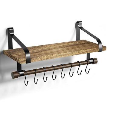 Rustic Wood 8 Removable Hooks Wall Floating Shelves Kitchen Spice Rack with Towel Bar