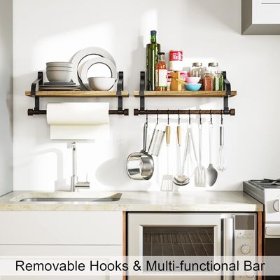 Rustic Wood 8 Removable Hooks Wall Floating Shelves Kitchen Spice Rack with Towel Bar