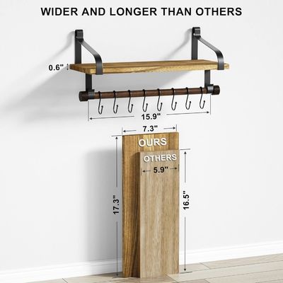 Rustic Wood 8 Removable Hooks Wall Floating Shelves Kitchen Spice Rack with Towel Bar