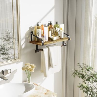 Rustic Wood 8 Removable Hooks Wall Floating Shelves Kitchen Spice Rack with Towel Bar