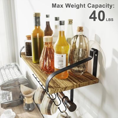 Rustic Wood 8 Removable Hooks Wall Floating Shelves Kitchen Spice Rack with Towel Bar
