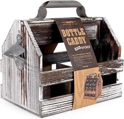 Removable Middle Divider Wooden 6-Bottle Caddy with Varnished Finish and Bottle Opener