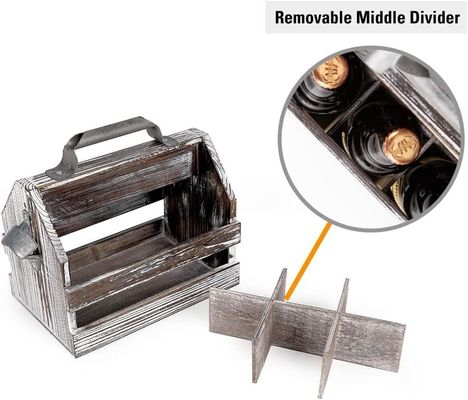Removable Middle Divider Wooden 6-Bottle Caddy with Varnished Finish and Bottle Opener