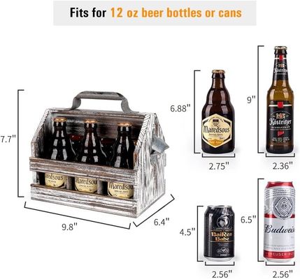 Removable Middle Divider Wooden 6-Bottle Caddy with Varnished Finish and Bottle Opener