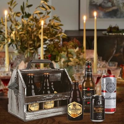Removable Middle Divider Wooden 6-Bottle Caddy with Varnished Finish and Bottle Opener