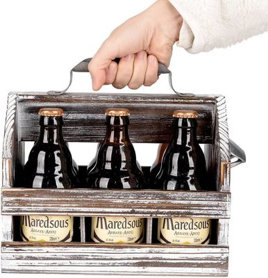 Removable Middle Divider Wooden 6-Bottle Caddy with Varnished Finish and Bottle Opener