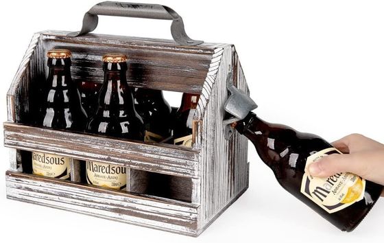 Removable Middle Divider Wooden 6-Bottle Caddy with Varnished Finish and Bottle Opener