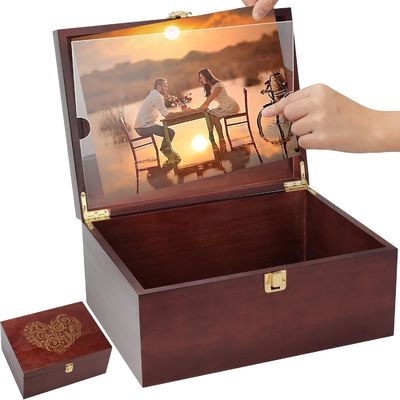 Large Wooden Keepsake Box with Hinged Lid and Photo Frame Elegant Wedding Memories